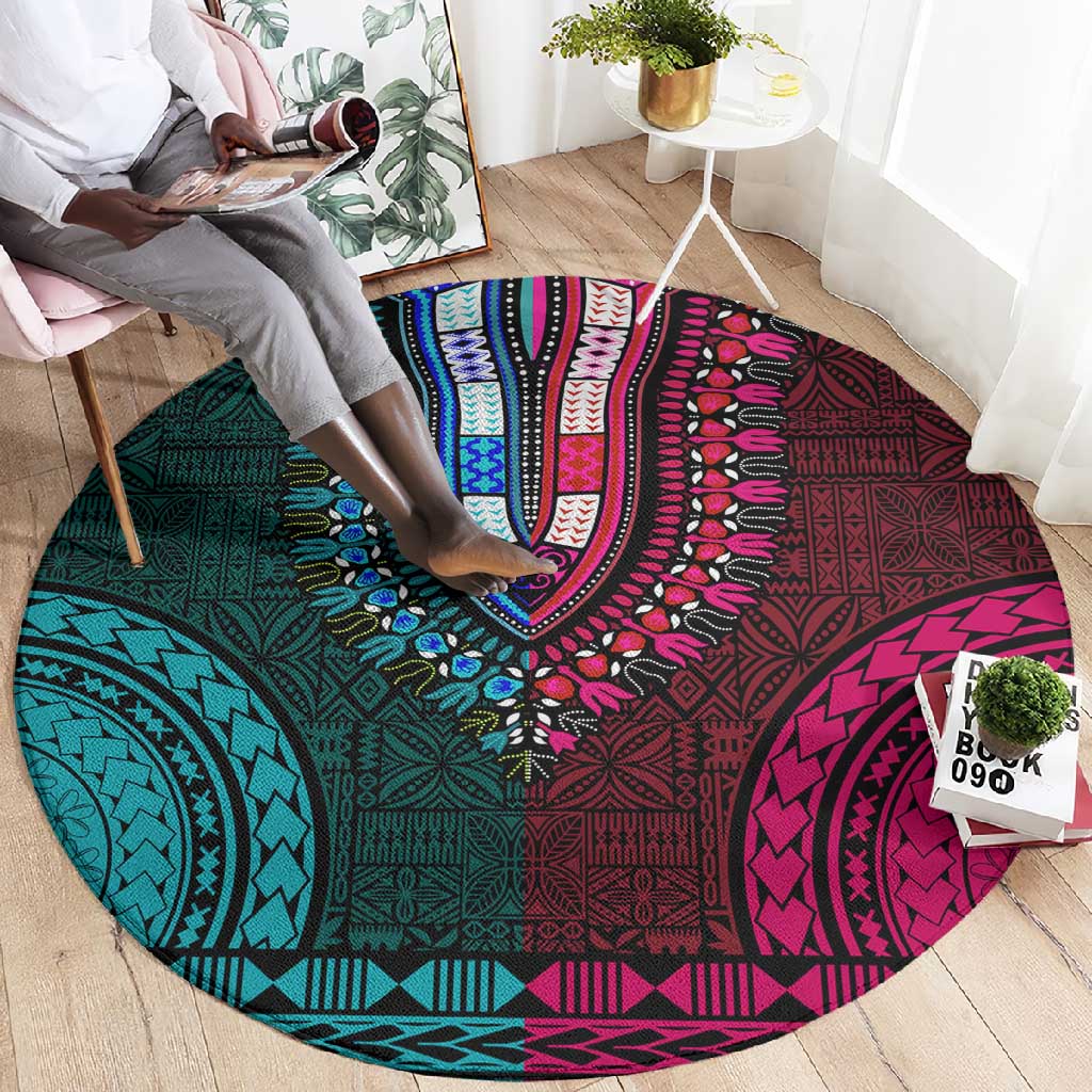 Teal-pink Dashiki and Tapa Pattern Round Carpet Africa-Polynesia Together Culture LT9