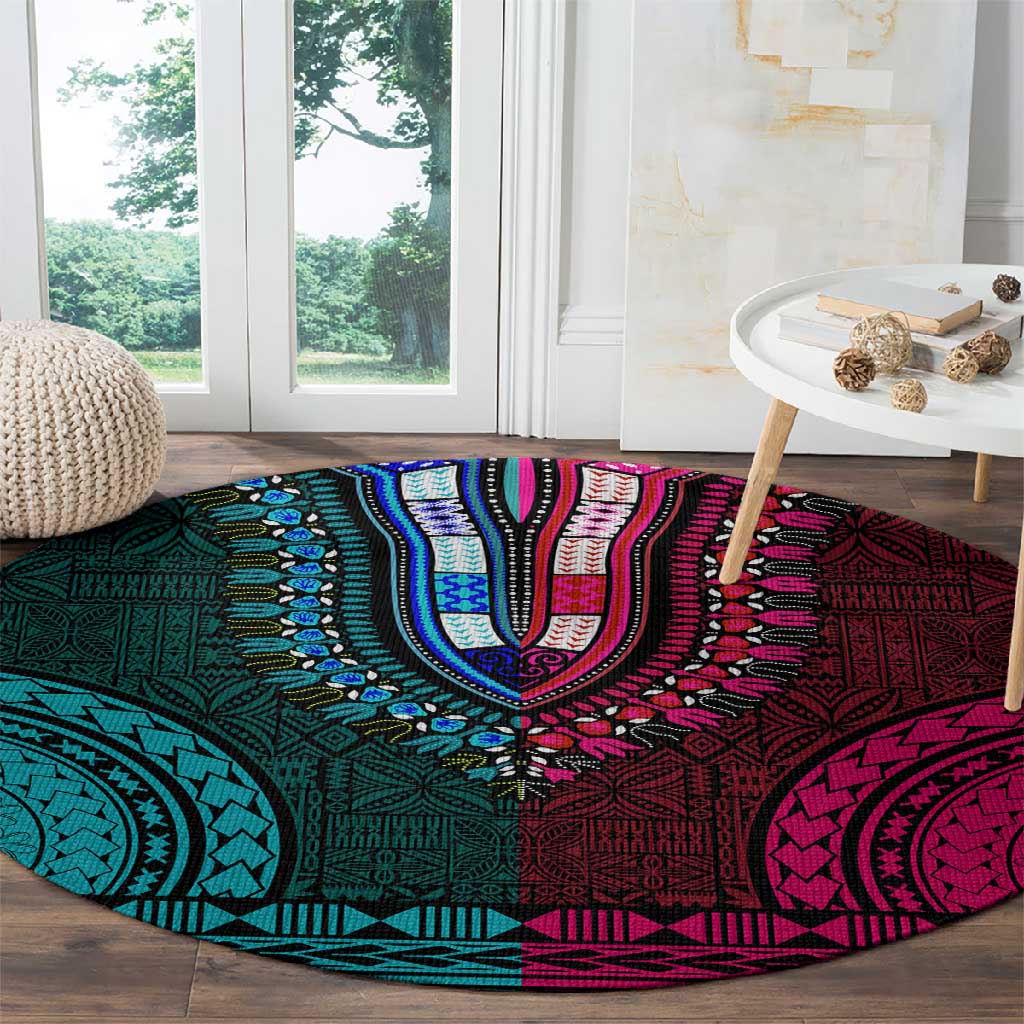 Teal-pink Dashiki and Tapa Pattern Round Carpet Africa-Polynesia Together Culture LT9