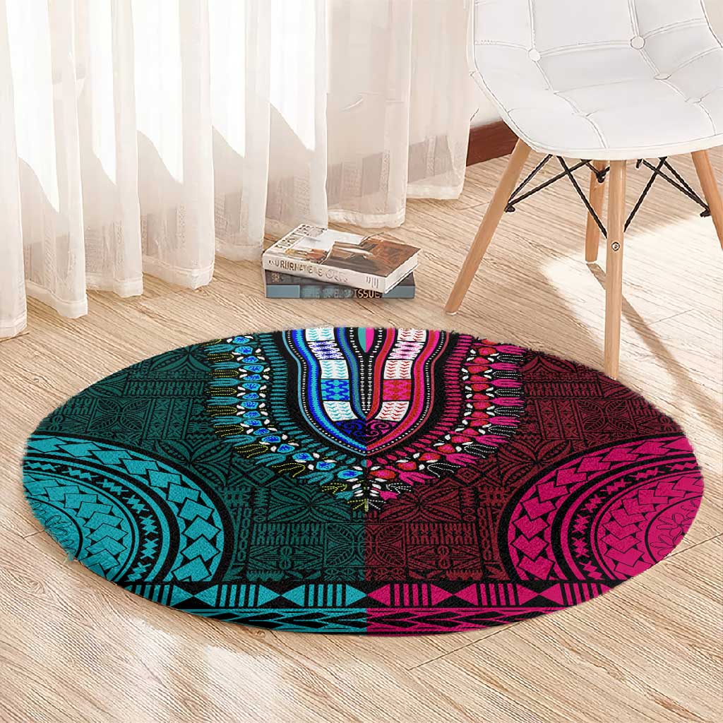 Teal-pink Dashiki and Tapa Pattern Round Carpet Africa-Polynesia Together Culture LT9