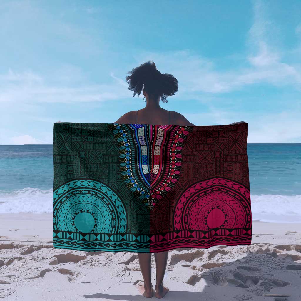 Teal-pink Dashiki and Tapa Pattern Sarong Africa-Polynesia Together Culture LT9