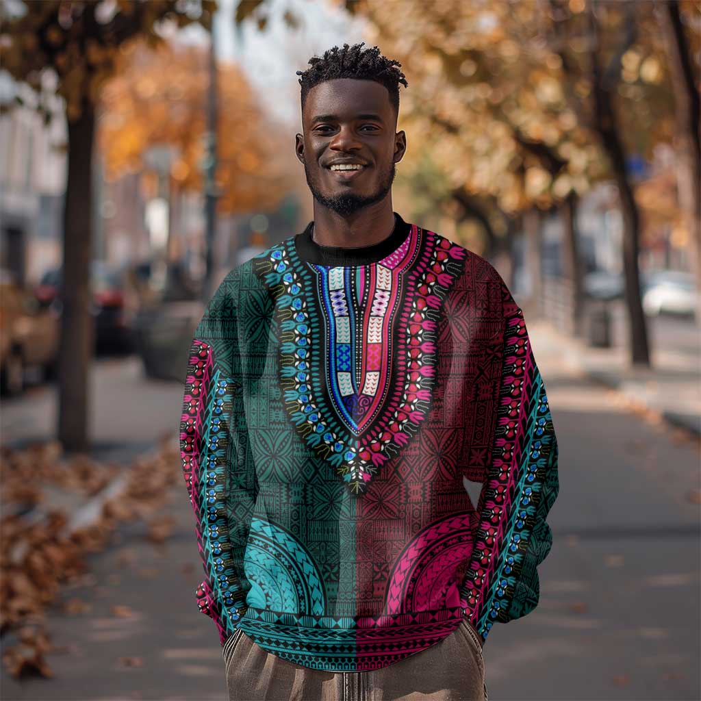 Teal-pink Dashiki and Tapa Pattern Sweatshirt Africa-Polynesia Together Culture LT9