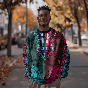 Teal-pink Dashiki and Tapa Pattern Sweatshirt Africa-Polynesia Together Culture LT9