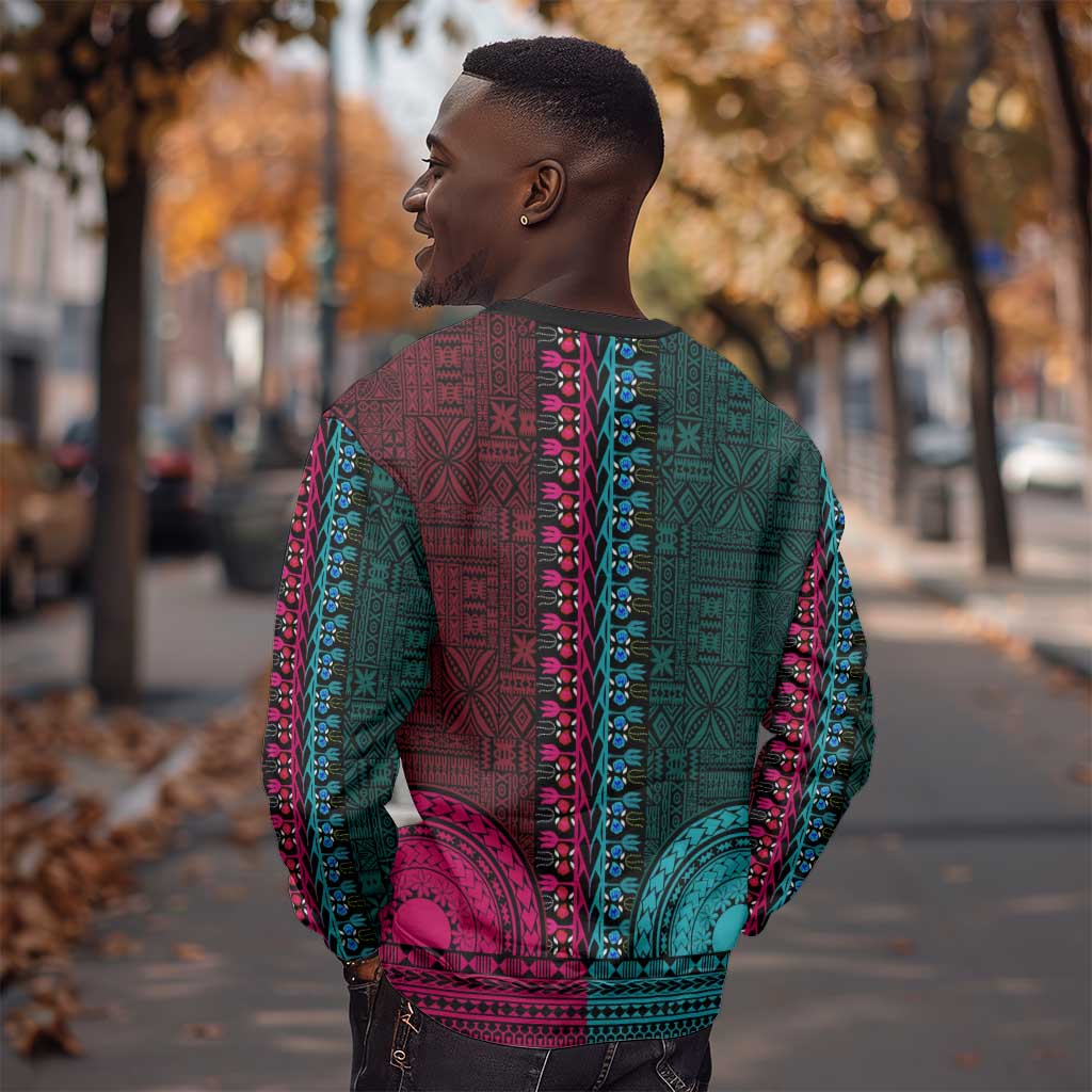 Teal-pink Dashiki and Tapa Pattern Sweatshirt Africa-Polynesia Together Culture LT9