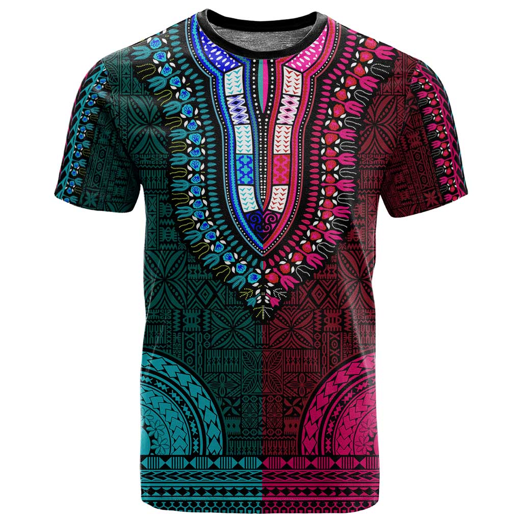 Teal-pink Dashiki and Tapa Pattern T shirt Africa-Polynesia Together Culture LT9