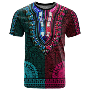 Teal-pink Dashiki and Tapa Pattern T shirt Africa-Polynesia Together Culture LT9