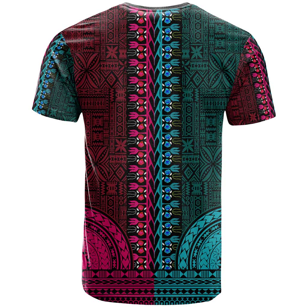 Teal-pink Dashiki and Tapa Pattern T shirt Africa-Polynesia Together Culture LT9
