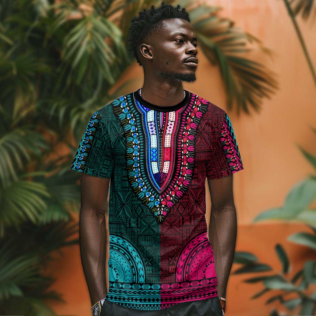 Teal-pink Dashiki and Tapa Pattern T shirt Africa-Polynesia Together Culture LT9