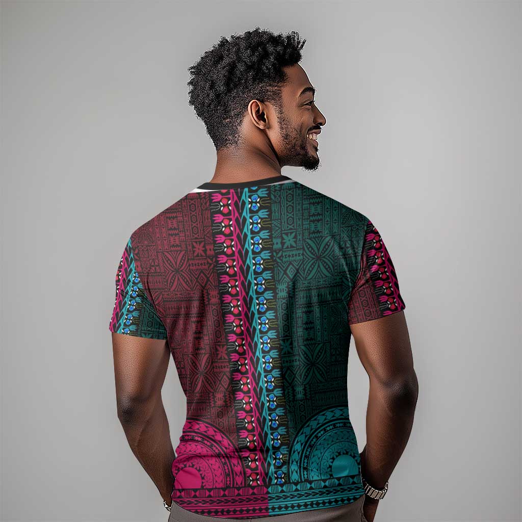 Teal-pink Dashiki and Tapa Pattern T shirt Africa-Polynesia Together Culture LT9