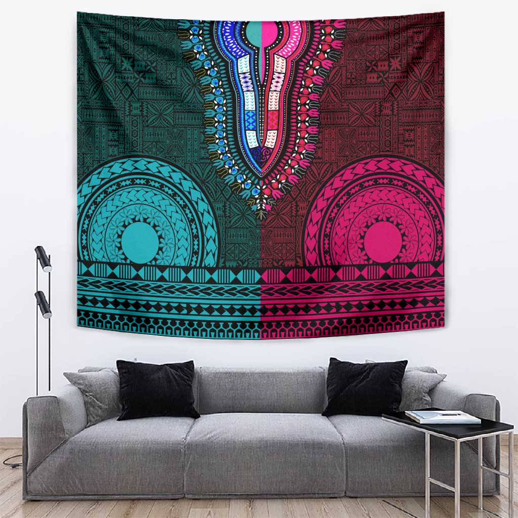 Teal-pink Dashiki and Tapa Pattern Tapestry Africa-Polynesia Together Culture LT9