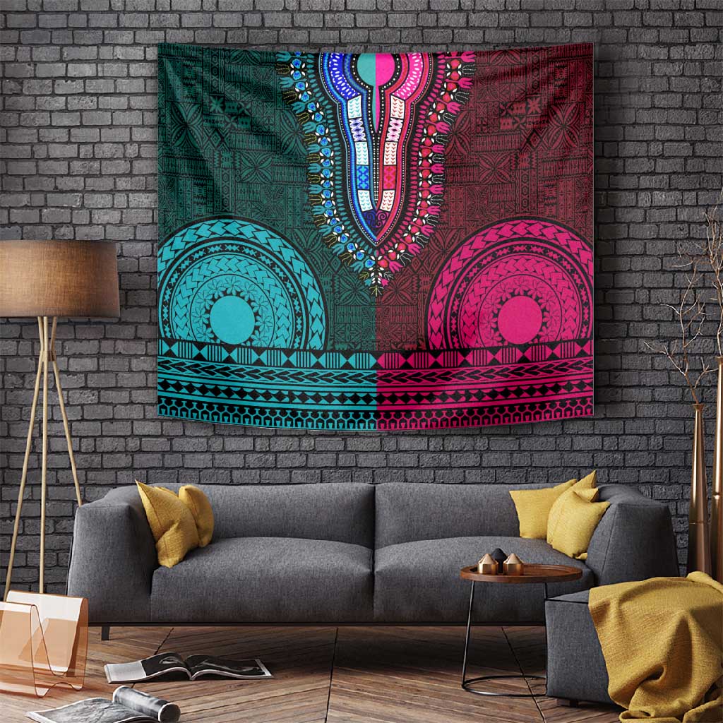 Teal-pink Dashiki and Tapa Pattern Tapestry Africa-Polynesia Together Culture LT9