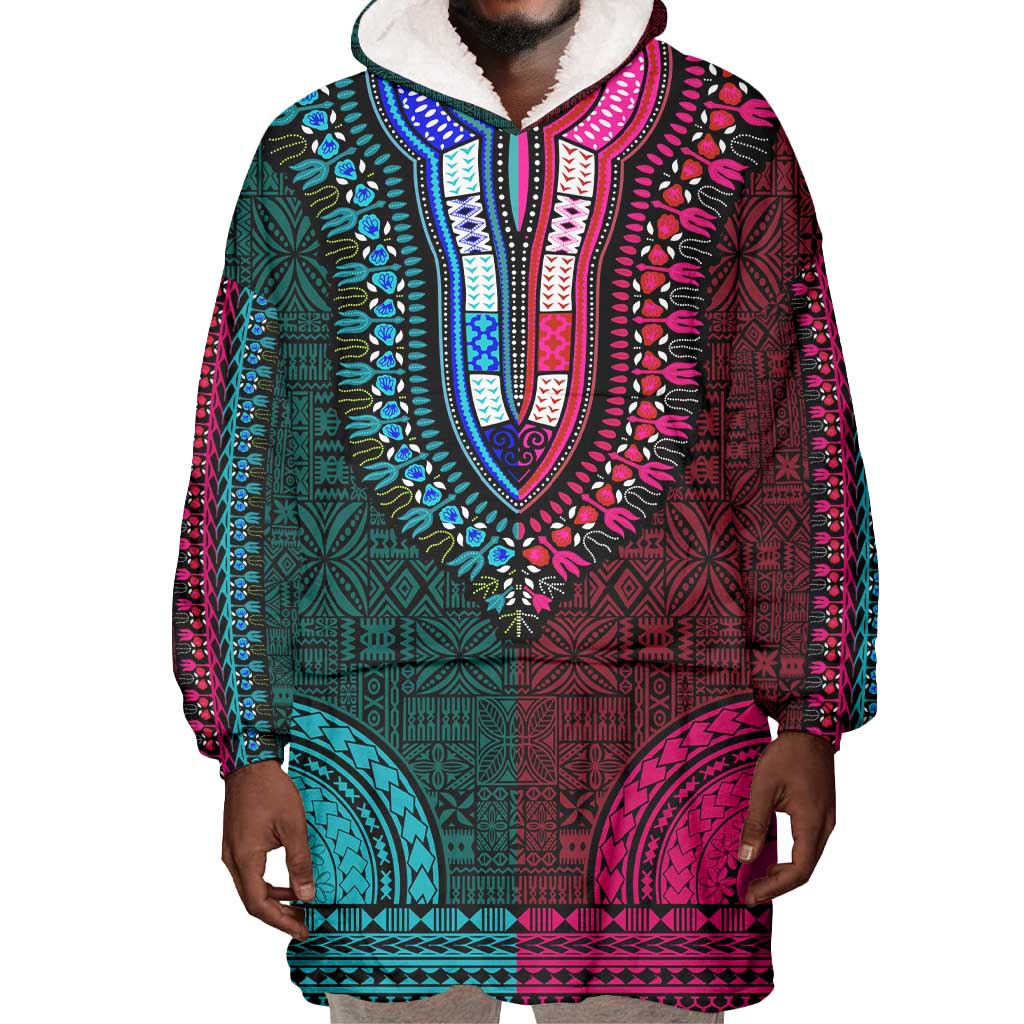 Teal-pink Dashiki and Tapa Pattern Wearable Blanket Hoodie Africa-Polynesia Together Culture LT9