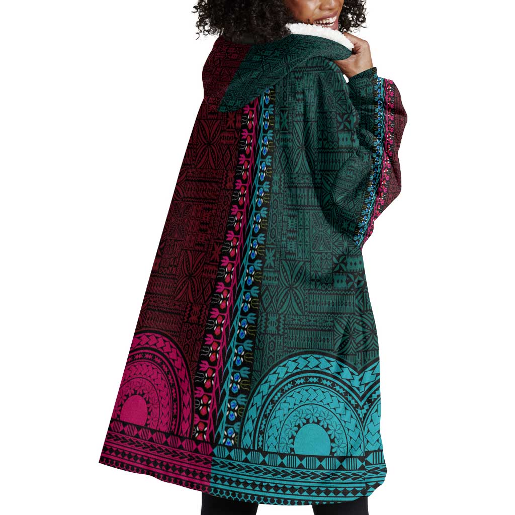 Teal-pink Dashiki and Tapa Pattern Wearable Blanket Hoodie Africa-Polynesia Together Culture LT9