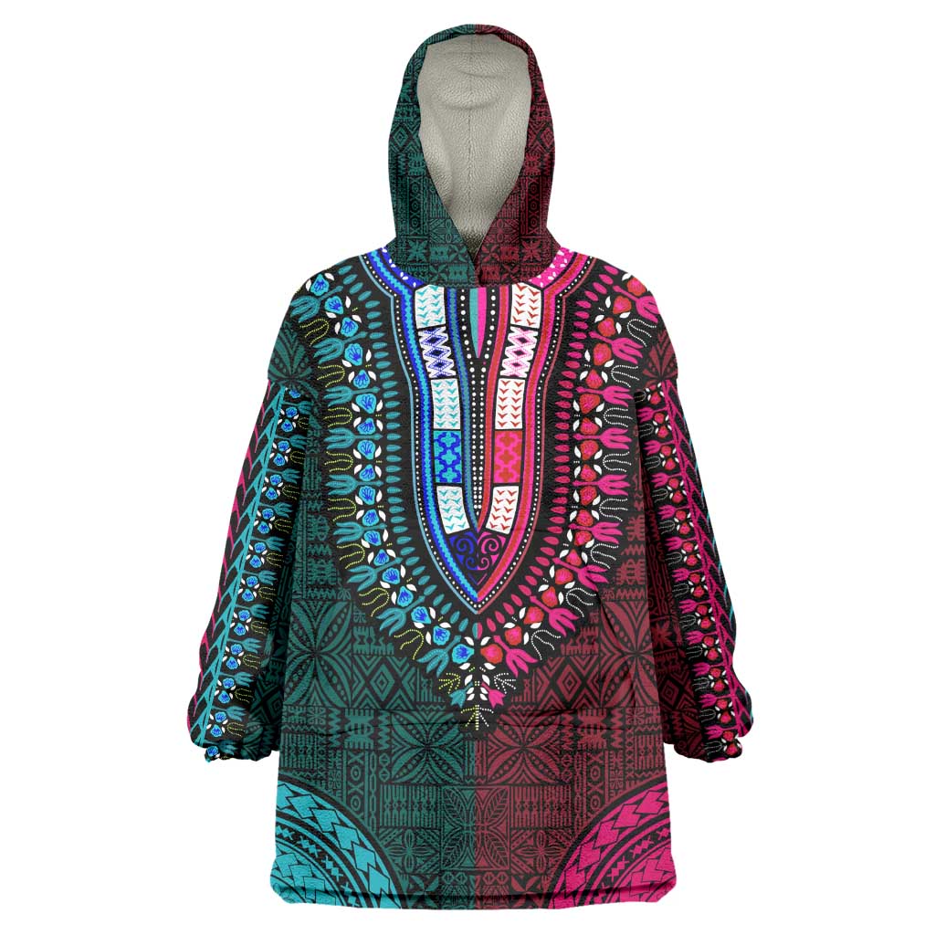 Teal-pink Dashiki and Tapa Pattern Wearable Blanket Hoodie Africa-Polynesia Together Culture LT9
