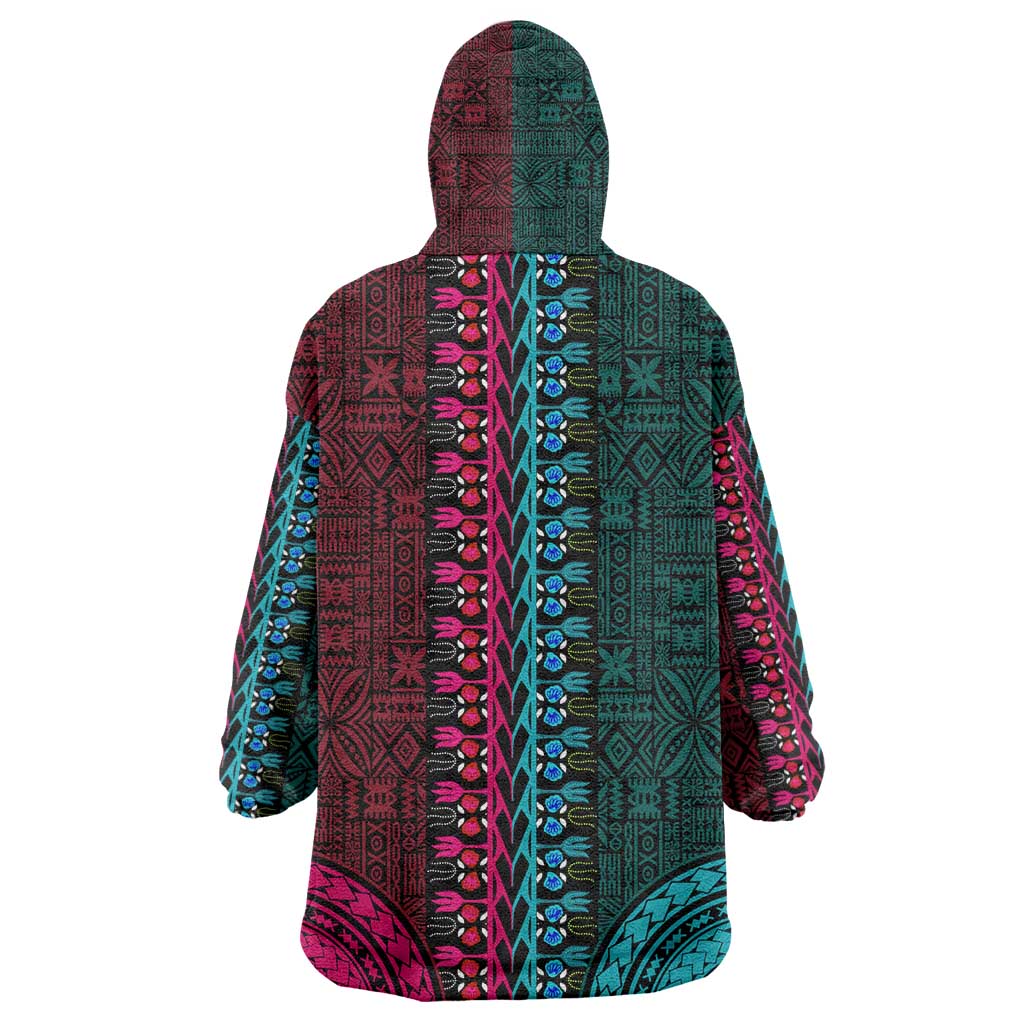 Teal-pink Dashiki and Tapa Pattern Wearable Blanket Hoodie Africa-Polynesia Together Culture LT9