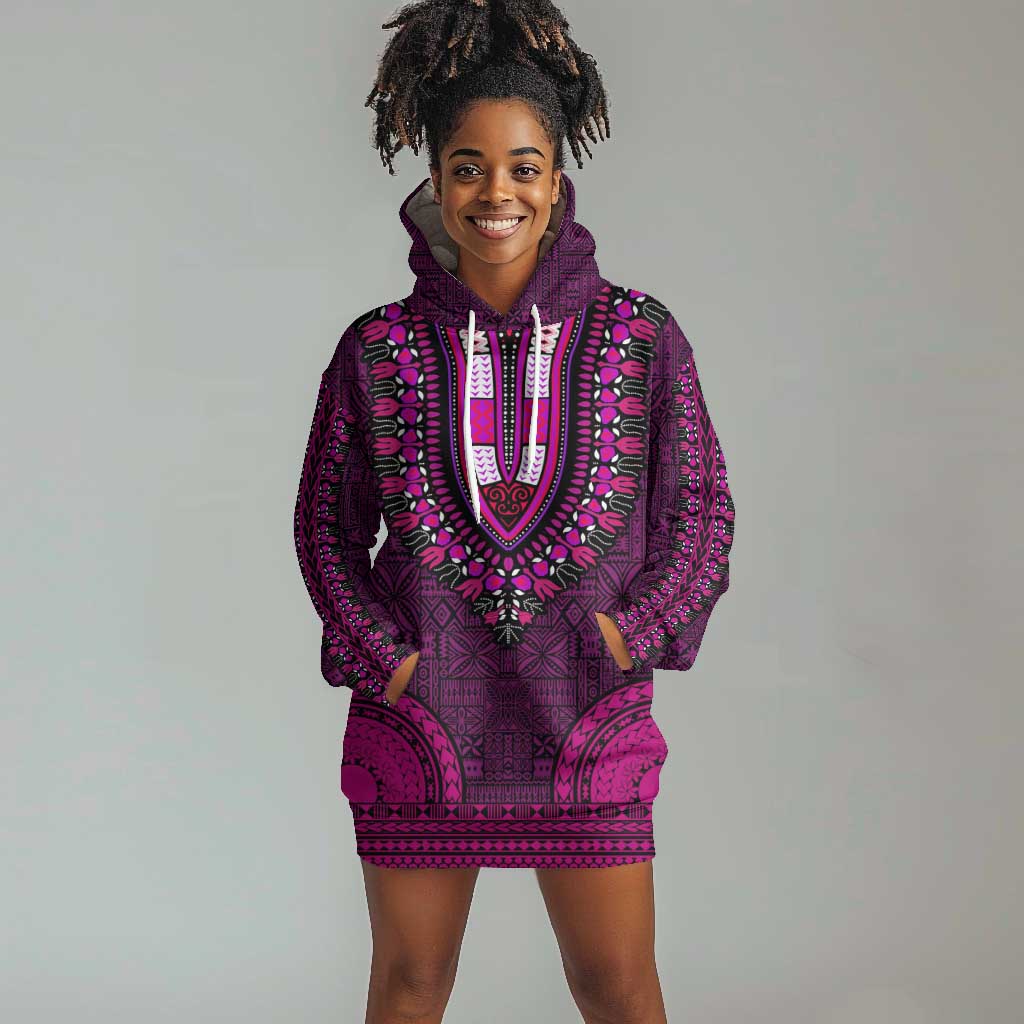 Pink Dashiki and Tapa Pattern Hoodie Dress Africa-Polynesia Together Culture LT9