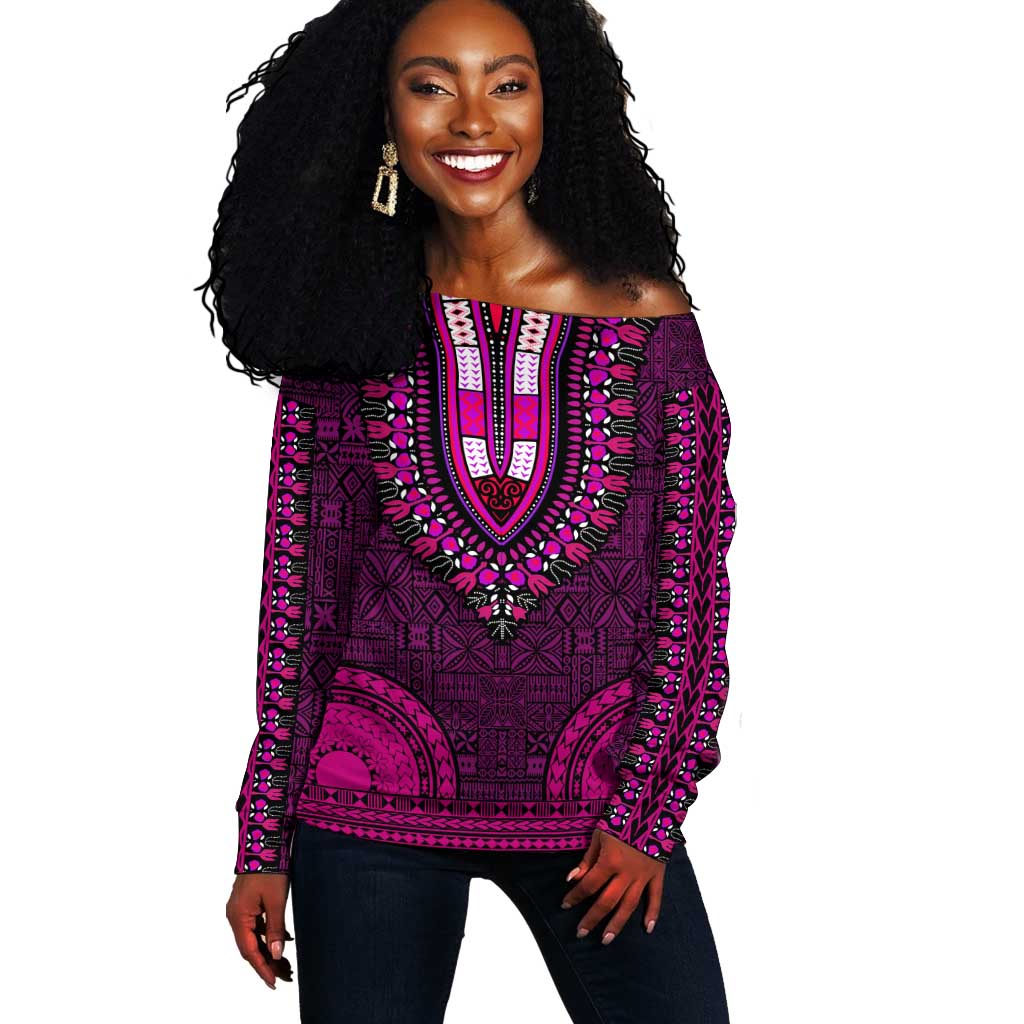Pink Dashiki and Tapa Pattern Off Shoulder Sweater Africa-Polynesia Together Culture LT9