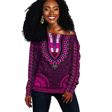 Pink Dashiki and Tapa Pattern Off Shoulder Sweater Africa-Polynesia Together Culture LT9
