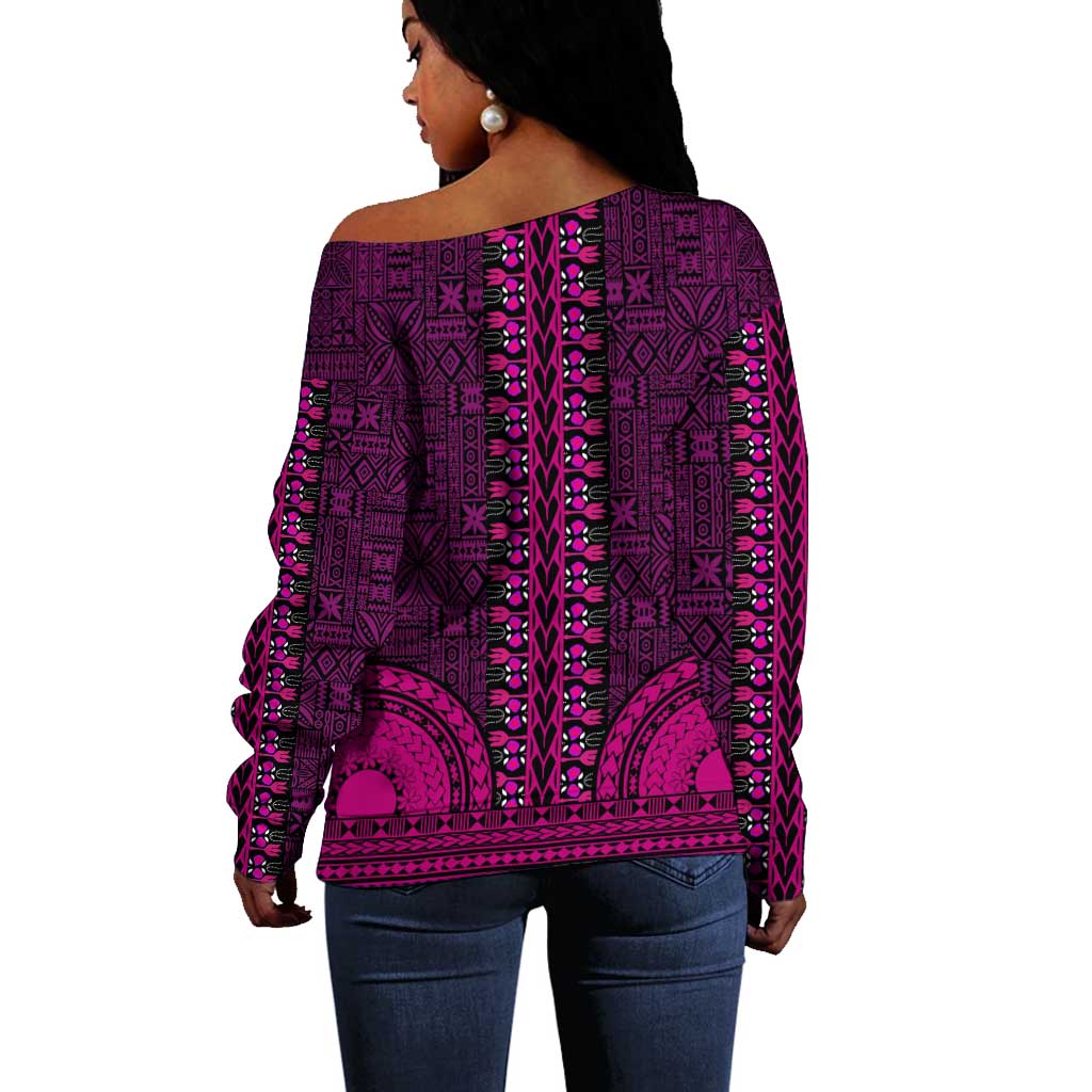 Pink Dashiki and Tapa Pattern Off Shoulder Sweater Africa-Polynesia Together Culture LT9