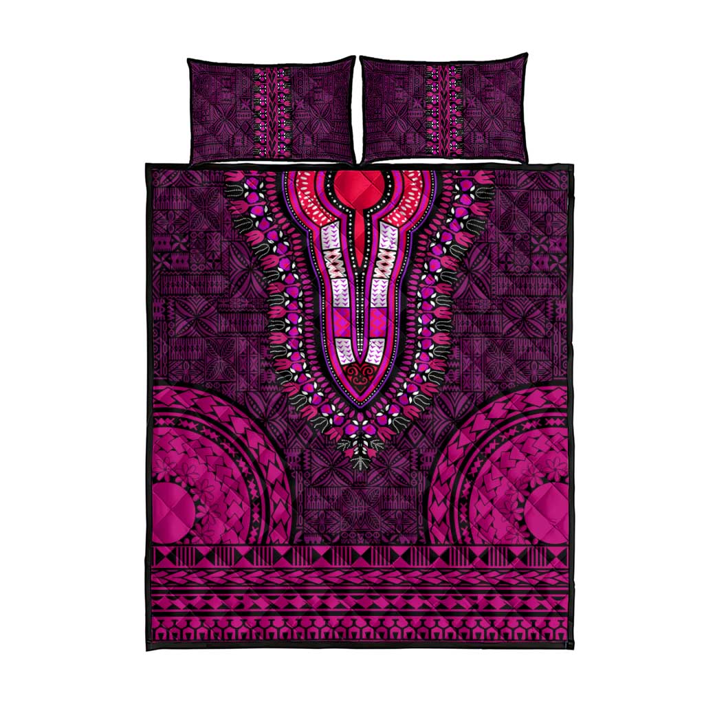 Pink Dashiki and Tapa Pattern Quilt Bed Set Africa-Polynesia Together Culture LT9