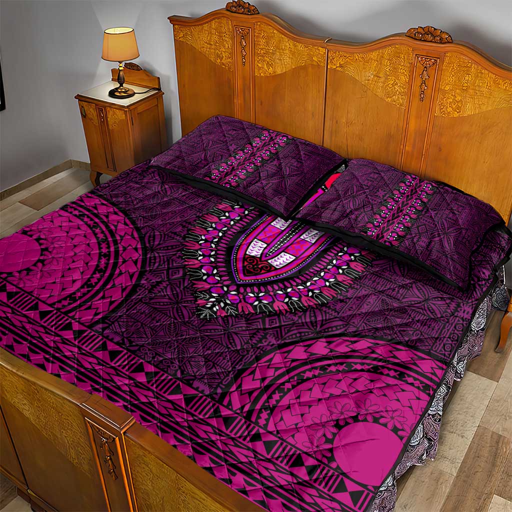 Pink Dashiki and Tapa Pattern Quilt Bed Set Africa-Polynesia Together Culture LT9