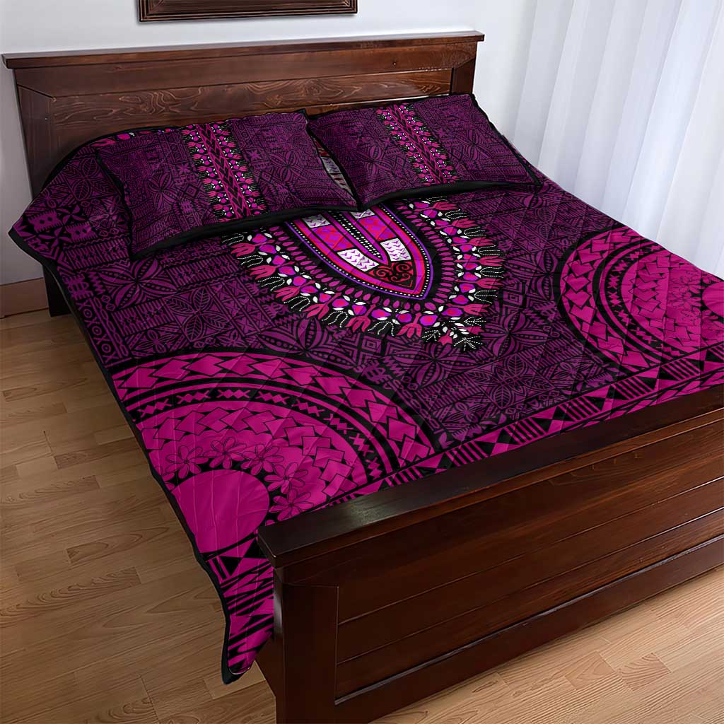 Pink Dashiki and Tapa Pattern Quilt Bed Set Africa-Polynesia Together Culture LT9