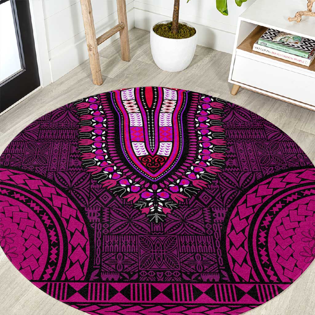 Pink Dashiki and Tapa Pattern Round Carpet Africa-Polynesia Together Culture LT9