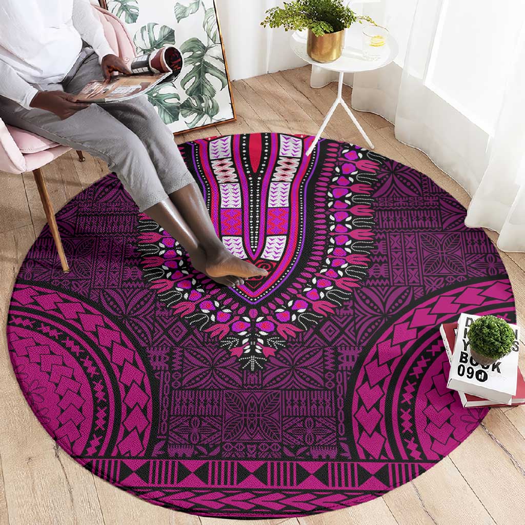 Pink Dashiki and Tapa Pattern Round Carpet Africa-Polynesia Together Culture LT9