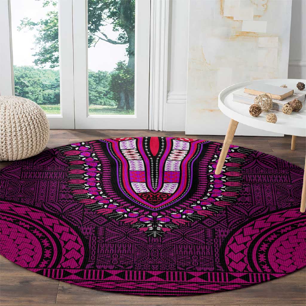 Pink Dashiki and Tapa Pattern Round Carpet Africa-Polynesia Together Culture LT9