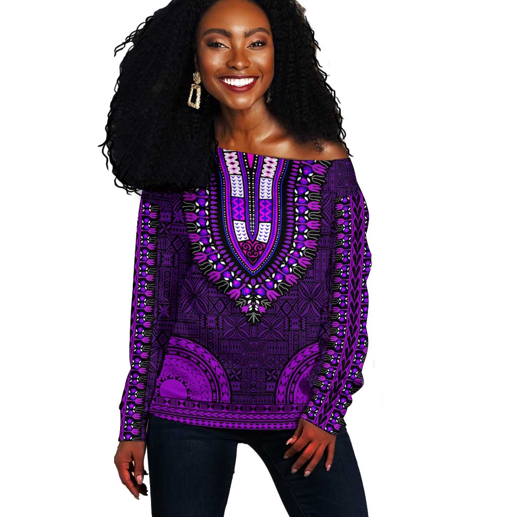 Purple Dashiki and Tapa Pattern Off Shoulder Sweater Africa-Polynesia Together Culture LT9
