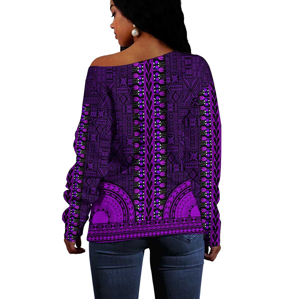 Purple Dashiki and Tapa Pattern Off Shoulder Sweater Africa-Polynesia Together Culture LT9