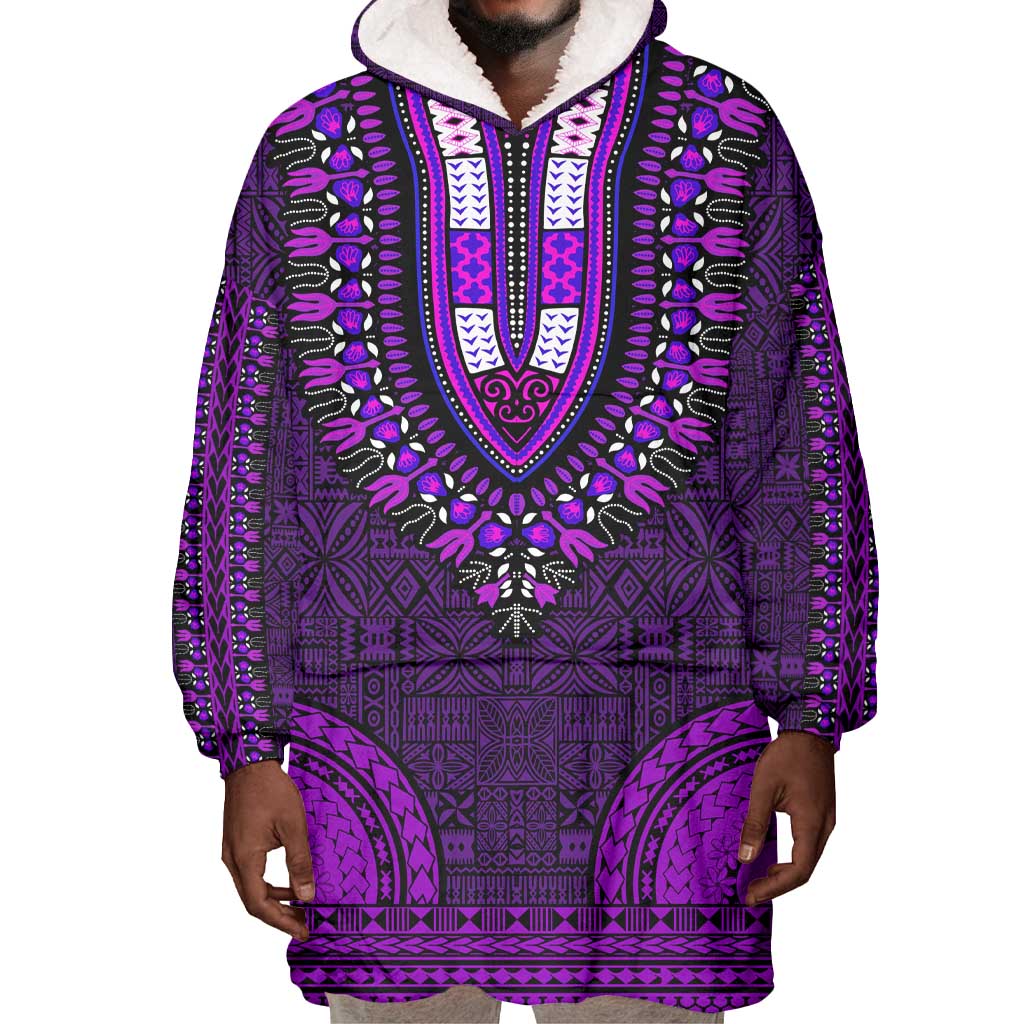 Purple Dashiki and Tapa Pattern Wearable Blanket Hoodie Africa-Polynesia Together Culture LT9