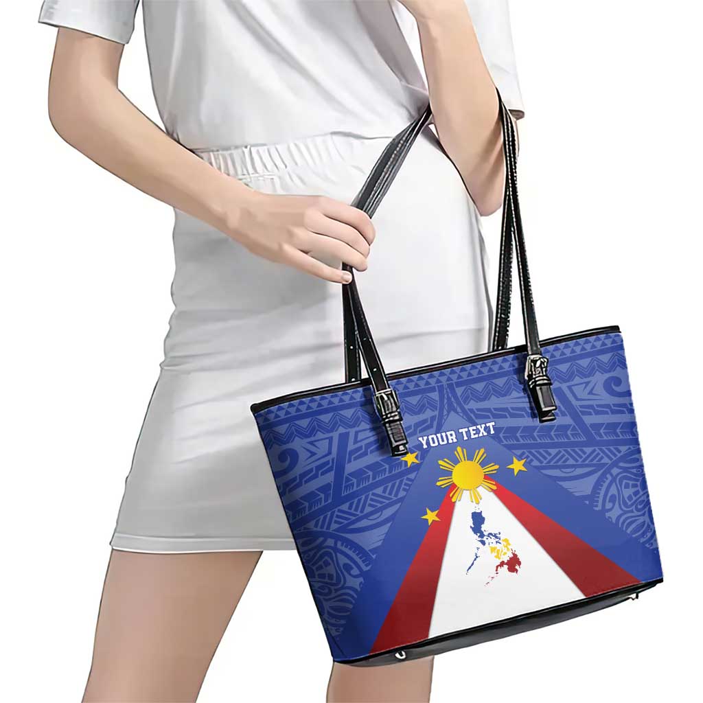 Personalized Pilipinas Eight-Rayed Sun Leather Tote Bag Philippines Map With Polynesian Style LT9