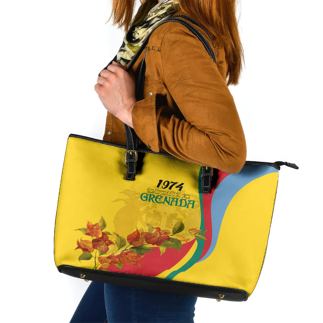 Grenada Independence Day Leather Tote Bag Bougainvillea Flowers Flag Style LT9