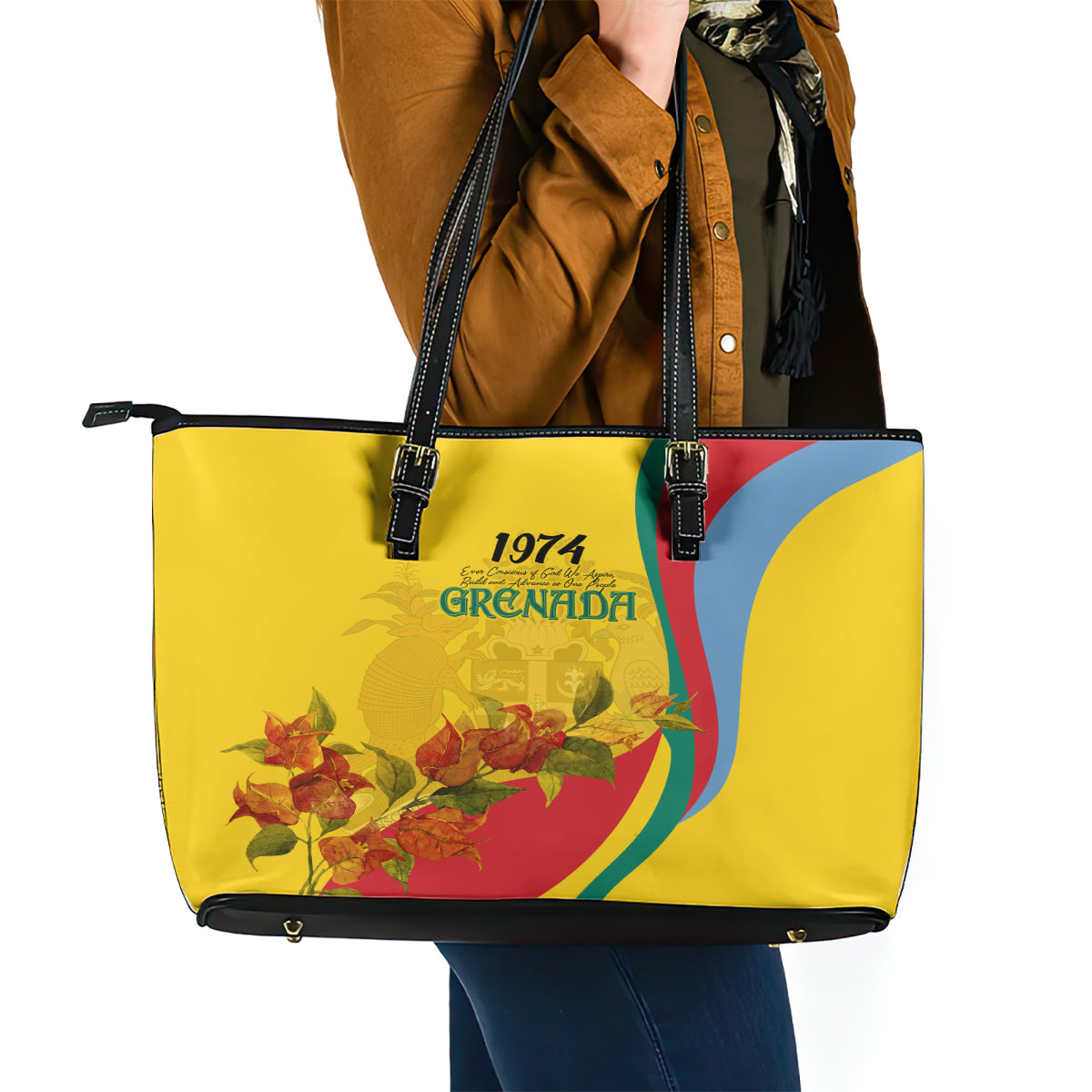 Grenada Independence Day Leather Tote Bag Bougainvillea Flowers Flag Style LT9