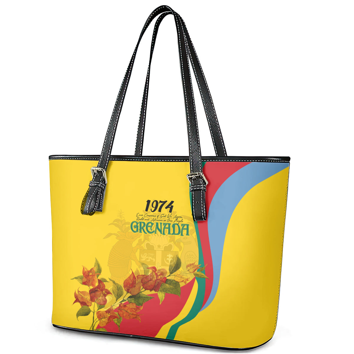 Grenada Independence Day Leather Tote Bag Bougainvillea Flowers Flag Style LT9