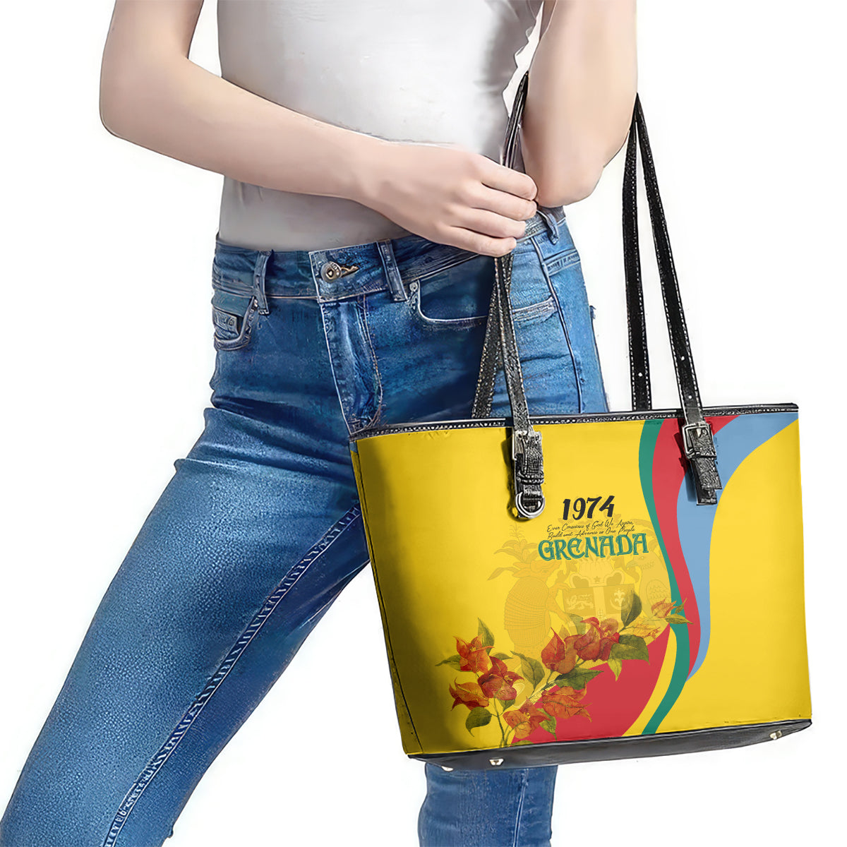 Grenada Independence Day Leather Tote Bag Bougainvillea Flowers Flag Style LT9