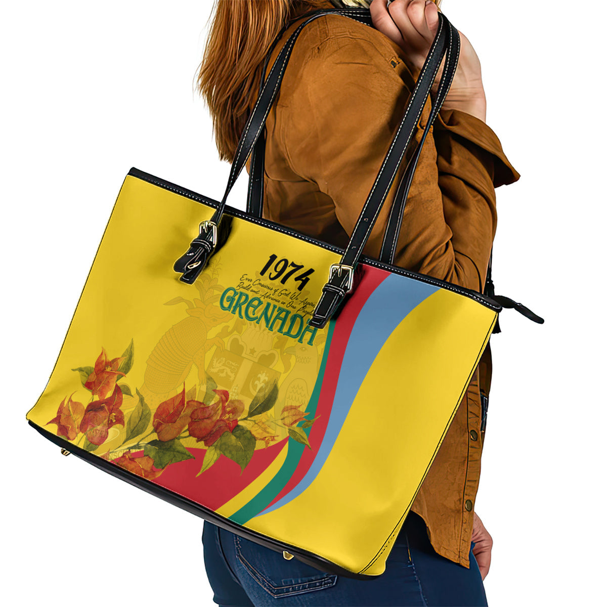 Grenada Independence Day Leather Tote Bag Bougainvillea Flowers Flag Style LT9