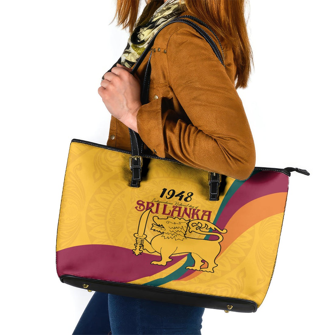 Sri Lanka National Day Leather Tote Bag The Lion Passant With Ketayam Wood Art LT9