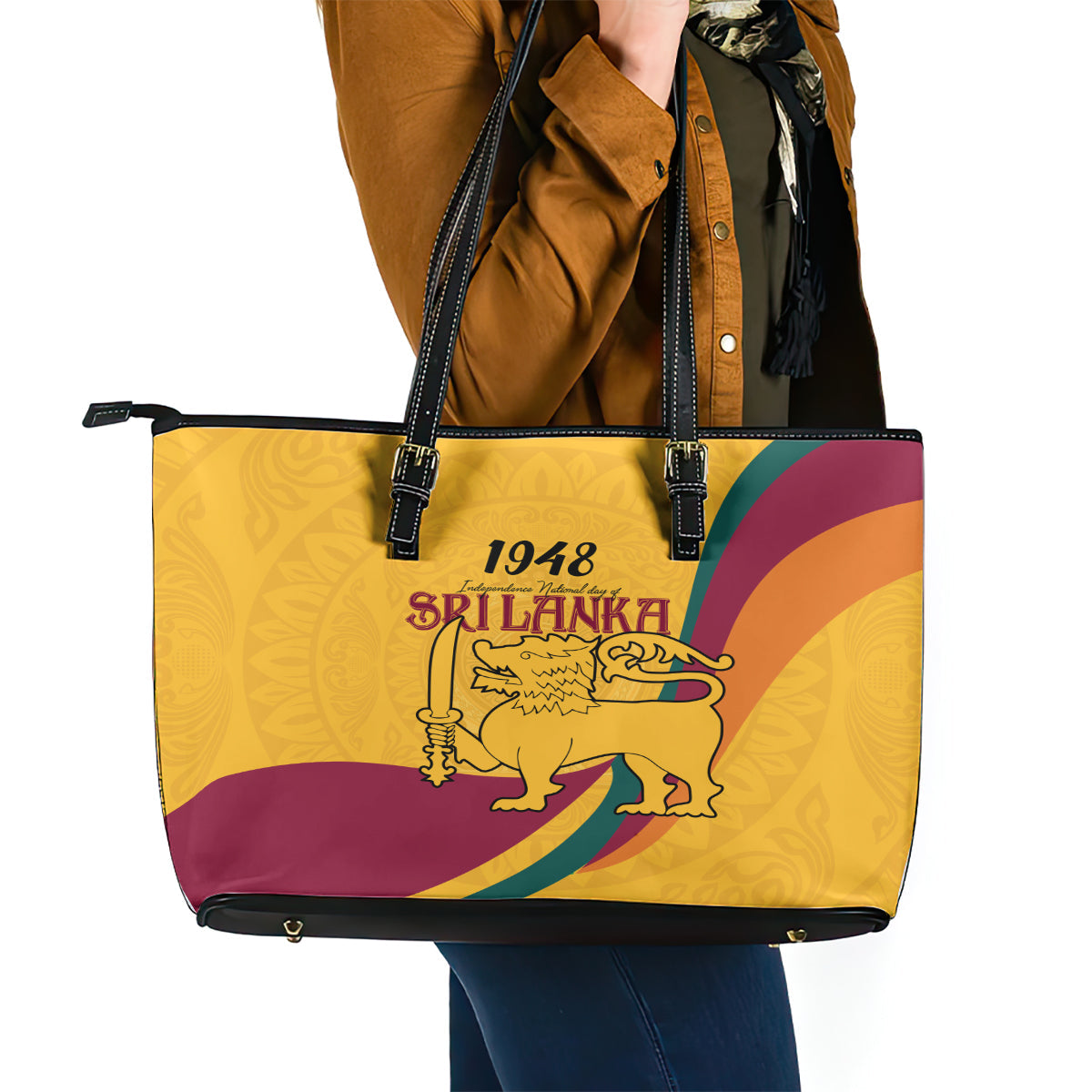 Sri Lanka National Day Leather Tote Bag The Lion Passant With Ketayam Wood Art LT9