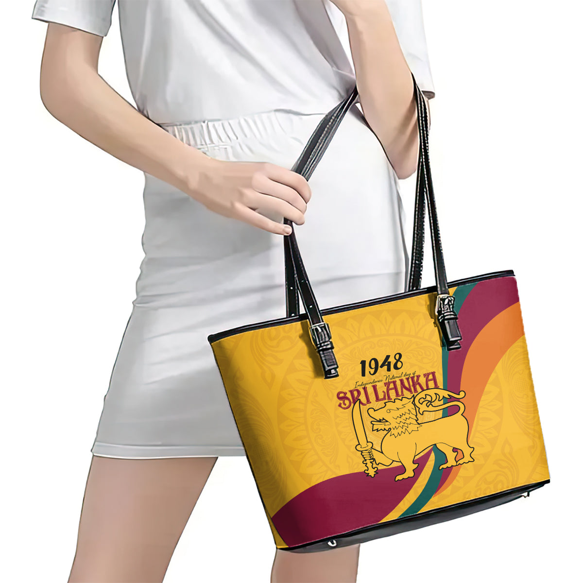 Sri Lanka National Day Leather Tote Bag The Lion Passant With Ketayam Wood Art LT9