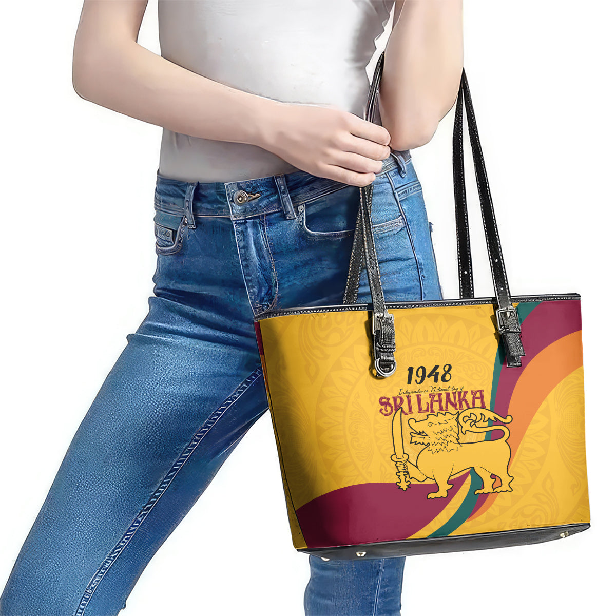 Sri Lanka National Day Leather Tote Bag The Lion Passant With Ketayam Wood Art LT9