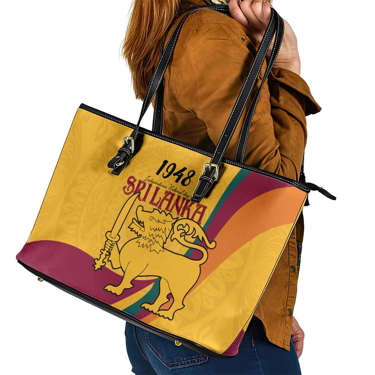 Sri Lanka National Day Leather Tote Bag The Lion Passant With Ketayam Wood Art LT9