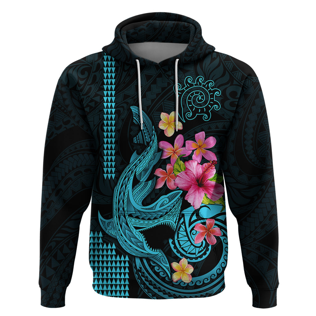 Custom Polynesian Hoodie Hawaiian Warriors with Tribal Shark Tattoos - Blue LT9