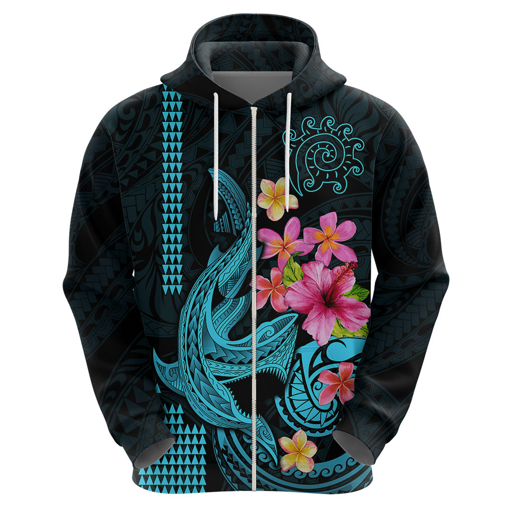 Custom Polynesian Hoodie Hawaiian Warriors with Tribal Shark Tattoos - Blue LT9