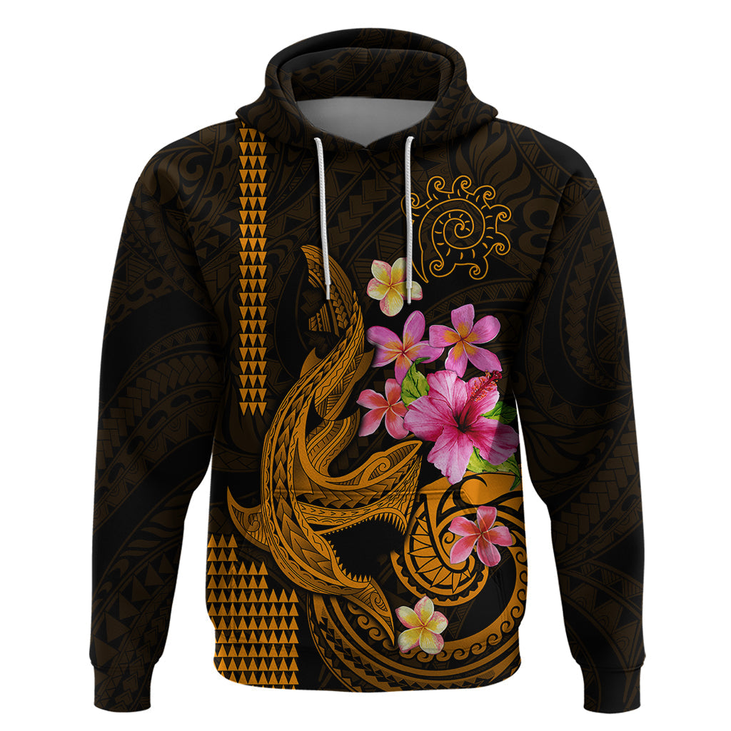 Custom Polynesian Hoodie Hawaiian Warriors with Tribal Shark Tattoos - Gold LT9