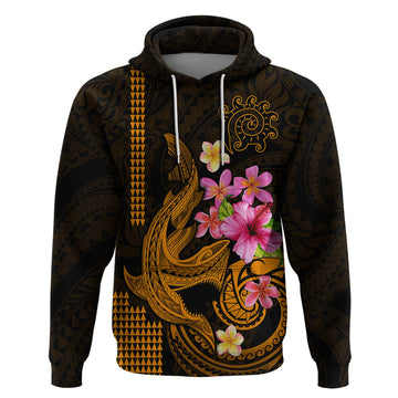 Custom Polynesian Hoodie Hawaiian Warriors with Tribal Shark Tattoos - Gold LT9