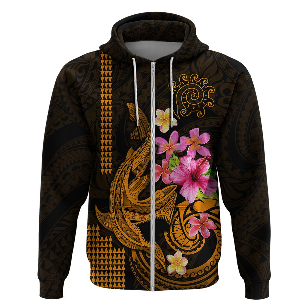 Custom Polynesian Hoodie Hawaiian Warriors with Tribal Shark Tattoos - Gold LT9
