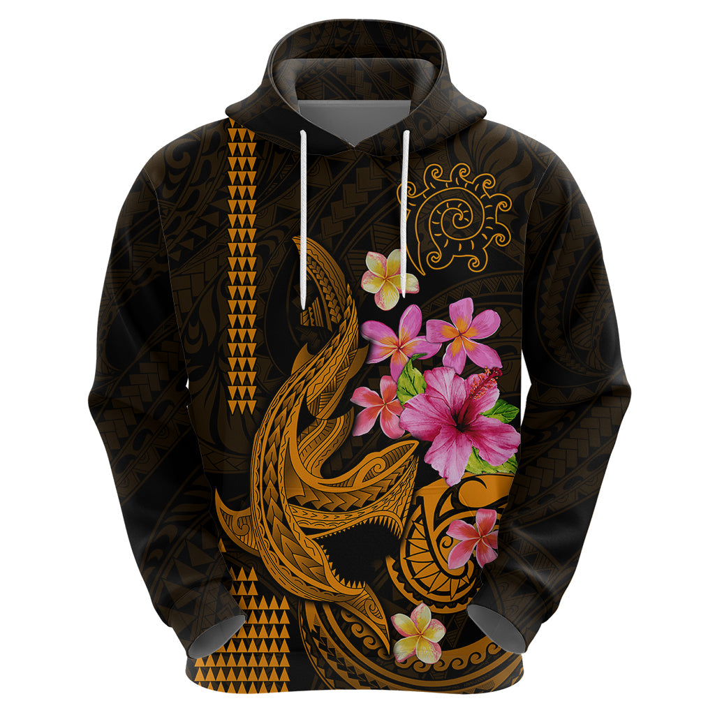 Custom Polynesian Hoodie Hawaiian Warriors with Tribal Shark Tattoos - Gold LT9