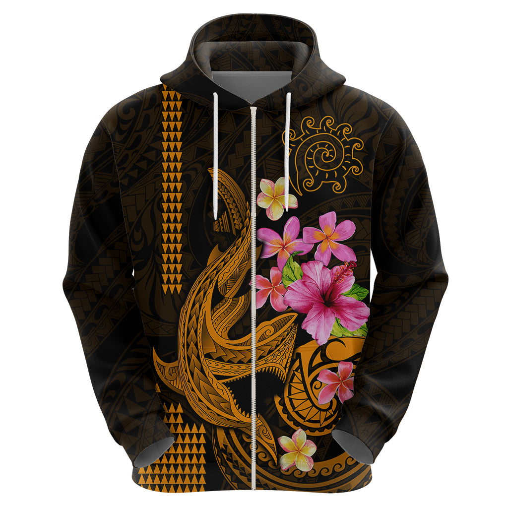 Custom Polynesian Hoodie Hawaiian Warriors with Tribal Shark Tattoos - Gold LT9
