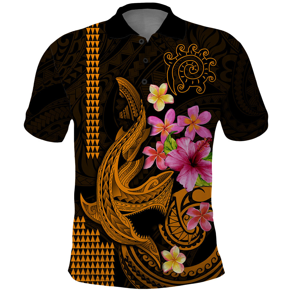 Custom Polynesian Polo Shirt Hawaiian Warriors with Tribal Shark Tattoos - Gold LT9